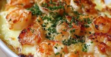 Gratin de crevettes crémeux au fromage, doré et bouillonnant, garni de persil frais dans un plat de cuisson.