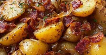 Pommes de terre sautées dorées à la poêle avec oignons fondants et lardons croustillants, servies chaudes avec persil frais.