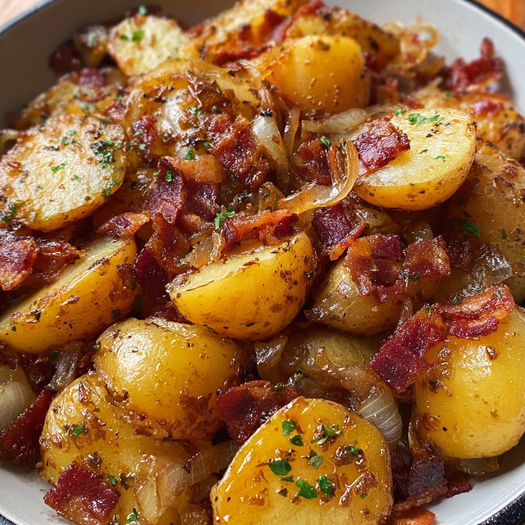 Pommes de terre sautées dorées à la poêle avec oignons fondants et lardons croustillants, servies chaudes avec persil frais.