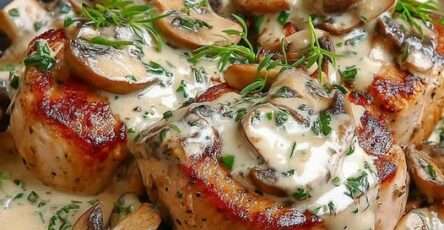 Médaillons de porc nappés de sauce crémeuse aux champignons et persil frais, servis dans une poêle en fonte.