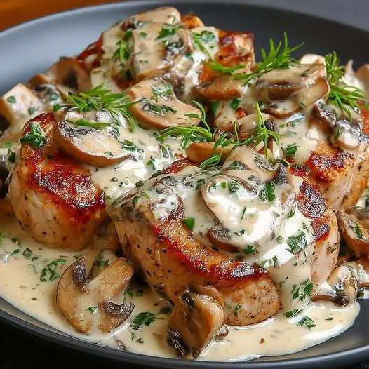 Médaillons de porc nappés de sauce crémeuse aux champignons et persil frais, servis dans une poêle en fonte.