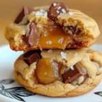 Cookies fondants au caramel avec cœur coulant, dorés et saupoudrés de fleur de sel sur une plaque de cuisson.