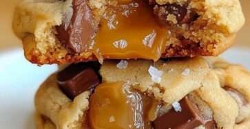 Cookies fondants au caramel avec cœur coulant, dorés et saupoudrés de fleur de sel sur une plaque de cuisson.