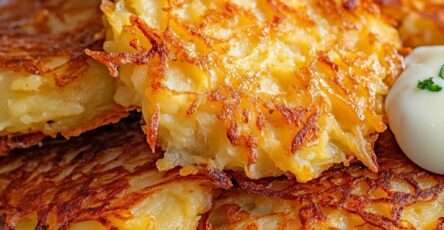 Galettes de pommes de terre dorées et croustillantes servies chaudes dans une assiette, accompagnées de crème fraîche.