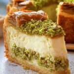 Cheesecake baklava à la pistache, garni de miel et éclats de pâte filo croustillante, décoré de pistaches concassées sur une assiette dorée.
