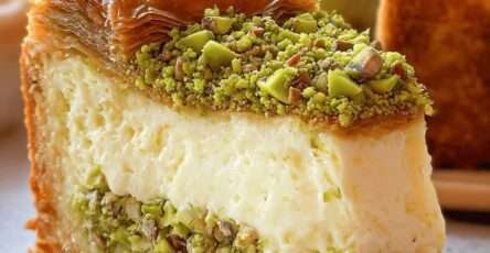 Cheesecake baklava à la pistache, garni de miel et éclats de pâte filo croustillante, décoré de pistaches concassées sur une assiette dorée.