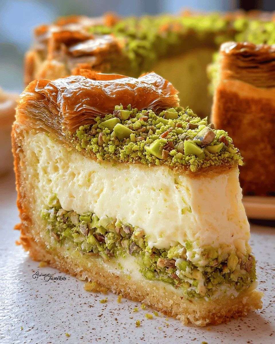 Cheesecake baklava à la pistache, garni de miel et éclats de pâte filo croustillante, décoré de pistaches concassées sur une assiette dorée.