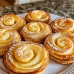 Roulés feuilletés aux pommes dorés et croustillants, saupoudrés de sucre glace, servis tièdes sur une assiette avec quelques tranches de pomme et un filet de caramel.