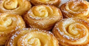 Roulés feuilletés aux pommes dorés et croustillants, saupoudrés de sucre glace, servis tièdes sur une assiette avec quelques tranches de pomme et un filet de caramel.