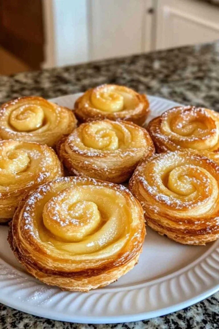 Roulés feuilletés aux pommes dorés et croustillants, saupoudrés de sucre glace, servis tièdes sur une assiette avec quelques tranches de pomme et un filet de caramel.