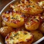 Pommes de terre rôties au four dorées et croustillantes sur plaque, garnies d’herbes fraîches et d’une touche d’huile d’olive.