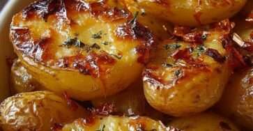 Pommes de terre rôties au four dorées et croustillantes sur plaque, garnies d’herbes fraîches et d’une touche d’huile d’olive.