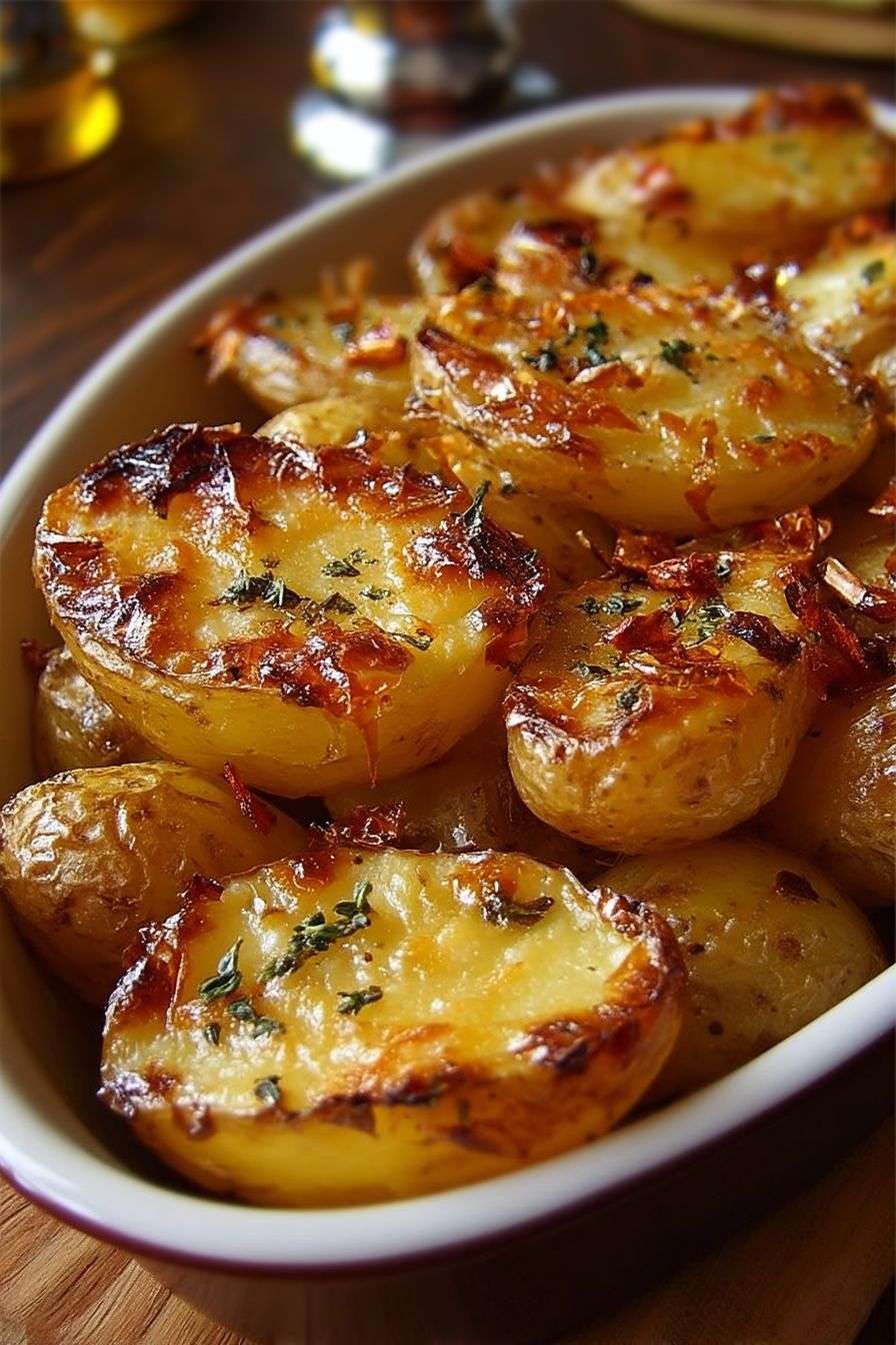 Pommes de terre rôties au four dorées et croustillantes sur plaque, garnies d’herbes fraîches et d’une touche d’huile d’olive.