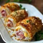 Roulés de poulet cordon bleu dorés au four, garnis de jambon et fromage fondant, servis tranchés sur une planche avec salade verte.