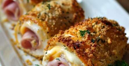 Roulés de poulet cordon bleu dorés au four, garnis de jambon et fromage fondant, servis tranchés sur une planche avec salade verte.