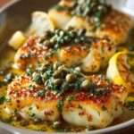 Filets de poisson poêlés nappés d’une sauce au beurre citronné et câpres, décorés de persil frais et servis sur assiette blanche avec quartiers de citron.