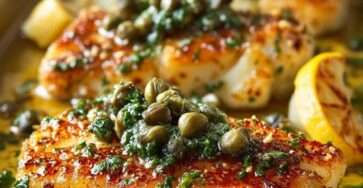 Filets de poisson poêlés nappés d’une sauce au beurre citronné et câpres, décorés de persil frais et servis sur assiette blanche avec quartiers de citron.