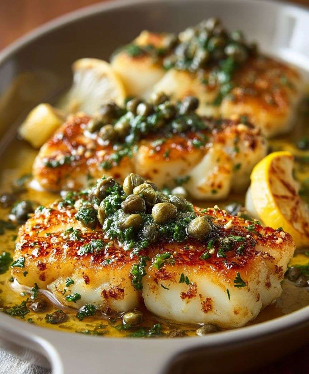 Filets de poisson poêlés nappés d’une sauce au beurre citronné et câpres, décorés de persil frais et servis sur assiette blanche avec quartiers de citron.