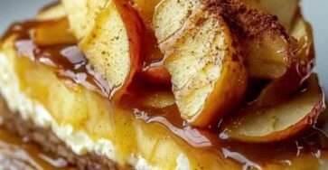 Fondant aux pommes et mascarpone doré, décoré de lamelles de pommes caramélisées, servi sur une assiette blanche avec une cuillère de crème.