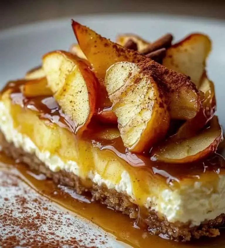 Fondant aux pommes et mascarpone doré, décoré de lamelles de pommes caramélisées, servi sur une assiette blanche avec une cuillère de crème.