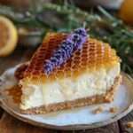 Cheesecake au miel et à la lavande surmonté d’un filet de miel doré et de fleurs fraîches de lavande, avec une base dorée croustillante en biscuits Graham.