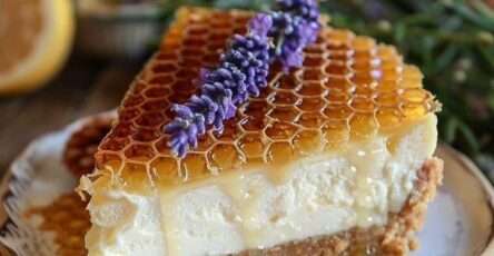 Cheesecake au miel et à la lavande surmonté d’un filet de miel doré et de fleurs fraîches de lavande, avec une base dorée croustillante en biscuits Graham.