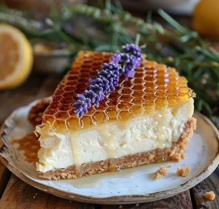 Cheesecake au miel et à la lavande surmonté d’un filet de miel doré et de fleurs fraîches de lavande, avec une base dorée croustillante en biscuits Graham.