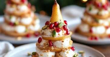 Dessert pyramidal composé de fines lamelles de poire superposées avec crème mascarpone, biscuits spéculoos et éclats de pistaches.