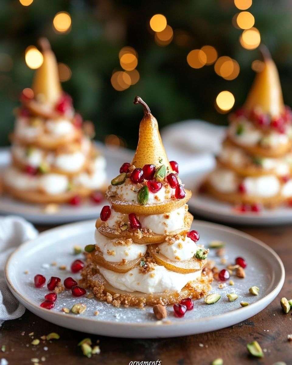 Dessert pyramidal composé de fines lamelles de poire superposées avec crème mascarpone, biscuits spéculoos et éclats de pistaches.