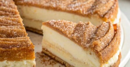 Cheesecake façon churros doré au sucre et à la cannelle, avec une garniture fondante au fromage à la crème dans un moule rectangulaire.