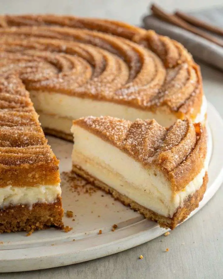 Cheesecake façon churros doré au sucre et à la cannelle, avec une garniture fondante au fromage à la crème dans un moule rectangulaire.