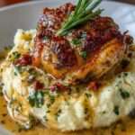 Assiette de poulet étouffé nappé d’une sauce crémeuse, servie sur une purée de pommes de terre onctueuse et garnie de persil frais.
