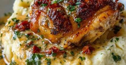 Assiette de poulet étouffé nappé d’une sauce crémeuse, servie sur une purée de pommes de terre onctueuse et garnie de persil frais.