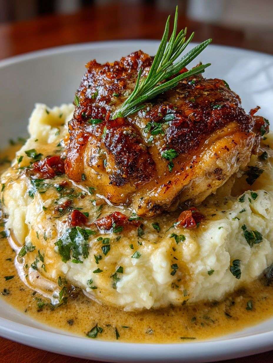 Assiette de poulet étouffé nappé d’une sauce crémeuse, servie sur une purée de pommes de terre onctueuse et garnie de persil frais.
