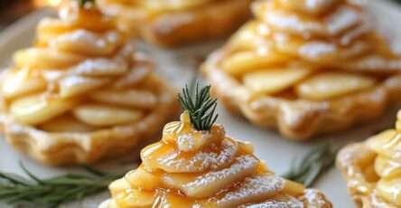Tartelettes feuilletées garnies de brie, pommes fines en spirale et filet de caramel, décorées d’un brin de romarin.