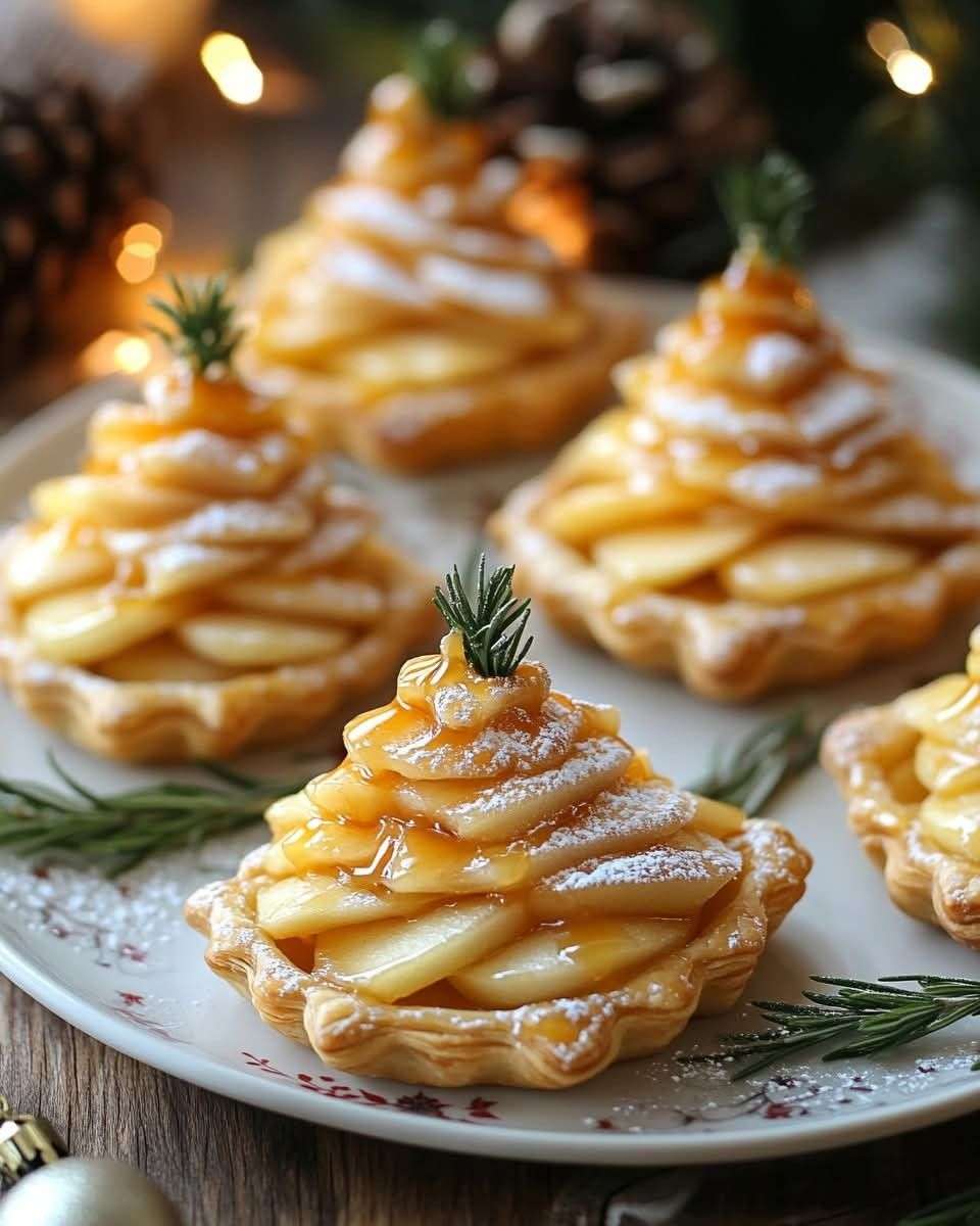 Tartelettes feuilletées garnies de brie, pommes fines en spirale et filet de caramel, décorées d’un brin de romarin.