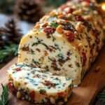 Bûche antipasto au fromage roulée dans des pignons grillés, garnie de tomates séchées et d’herbes fraîches, servie avec des crostinis.