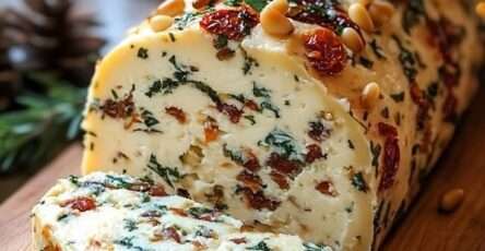 Bûche antipasto au fromage roulée dans des pignons grillés, garnie de tomates séchées et d’herbes fraîches, servie avec des crostinis.