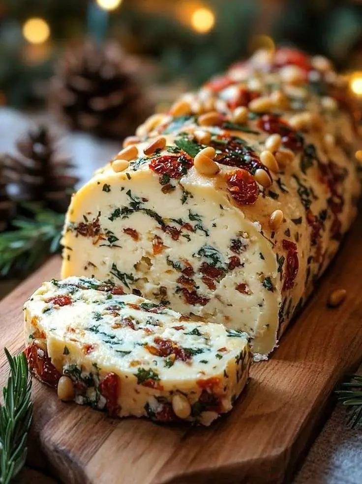 Bûche antipasto au fromage roulée dans des pignons grillés, garnie de tomates séchées et d’herbes fraîches, servie avec des crostinis.