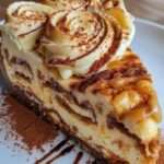 Cheesecake tiramisu crémeux sur base biscuitée, saupoudré de cacao, décoré de biscuits à la cuillère et servi sur une assiette élégante.