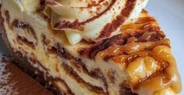 Cheesecake tiramisu crémeux sur base biscuitée, saupoudré de cacao, décoré de biscuits à la cuillère et servi sur une assiette élégante.