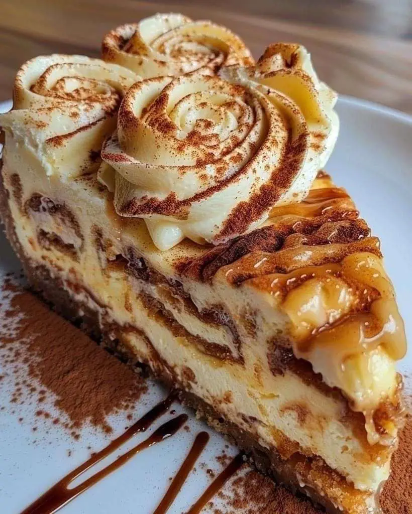 Cheesecake tiramisu crémeux sur base biscuitée, saupoudré de cacao, décoré de biscuits à la cuillère et servi sur une assiette élégante.