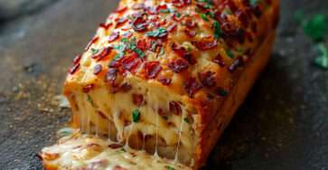 Cake salé au Comté et lardons fumés, doré et moelleux, coupé en tranches épaisses sur une planche en bois avec salade verte en accompagnement.