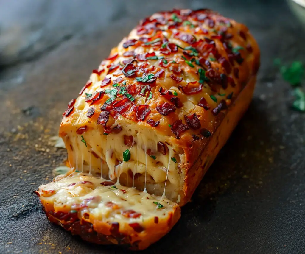 Cake salé au Comté et lardons fumés, doré et moelleux, coupé en tranches épaisses sur une planche en bois avec salade verte en accompagnement.