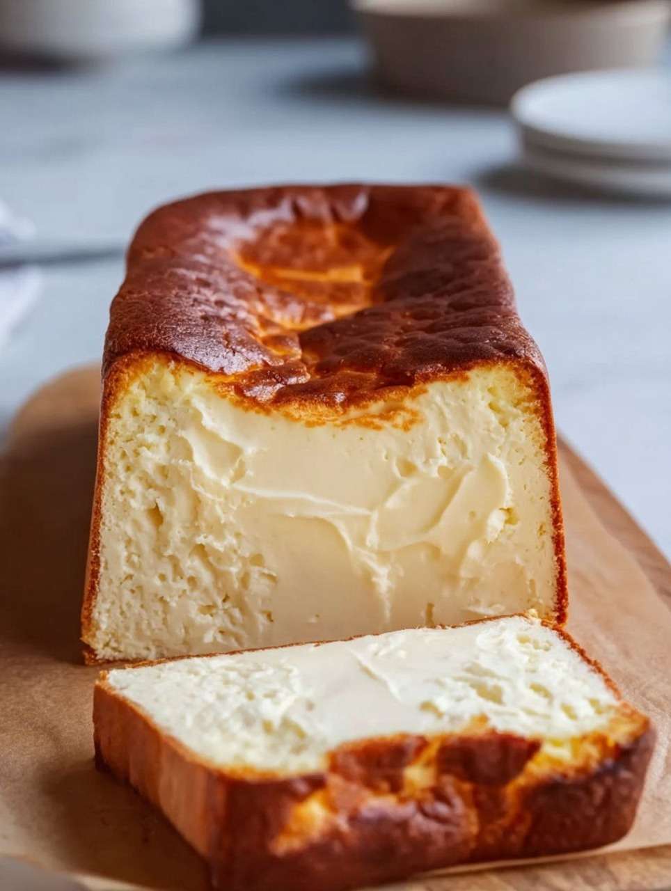 Cheesecake basque brûlé en cake, doré et caramélisé sur le dessus, tranché pour révéler sa texture fondante et crémeuse.