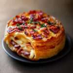 Feuilleté au camembert et lardons doré au four – croûte croustillante, cœur fondant de camembert et éclats de lardons fumés, servi sur une planche rustique avec salade verte fraîche.