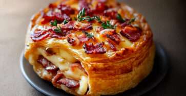 Feuilleté au camembert et lardons doré au four – croûte croustillante, cœur fondant de camembert et éclats de lardons fumés, servi sur une planche rustique avec salade verte fraîche.