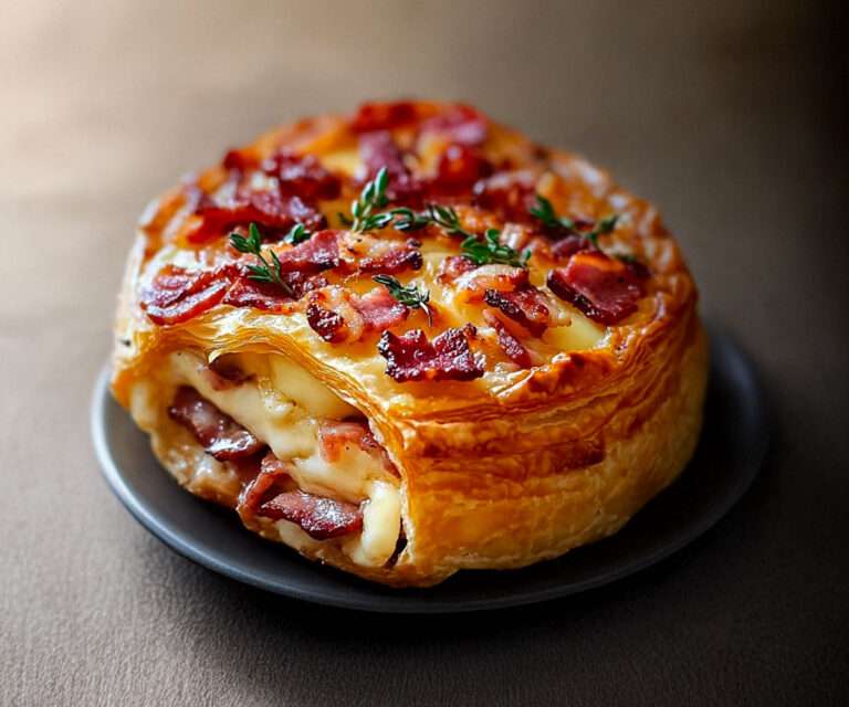 Feuilleté au camembert et lardons doré au four – croûte croustillante, cœur fondant de camembert et éclats de lardons fumés, servi sur une planche rustique avec salade verte fraîche.