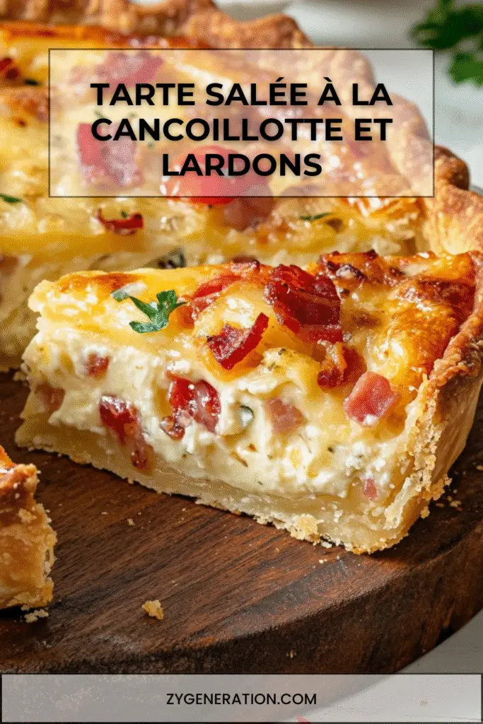Tarte salée à la cancoillotte et lardons dorée au four, servie avec persil frais