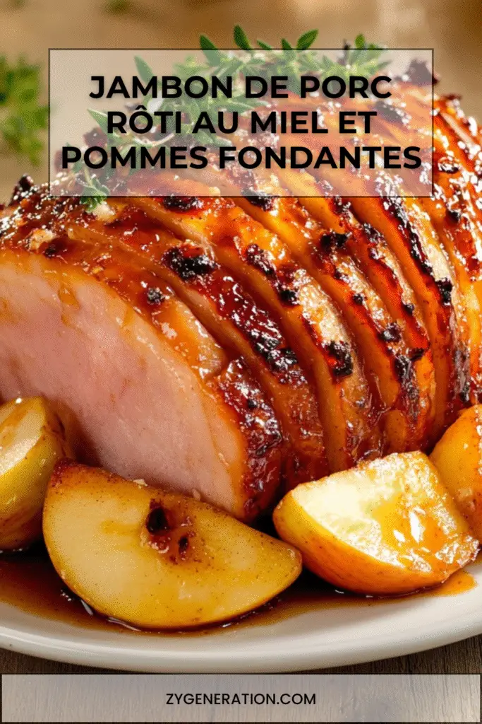 Jambon de porc rôti au miel entouré de pommes fondantes et nappé de sauce caramélisée